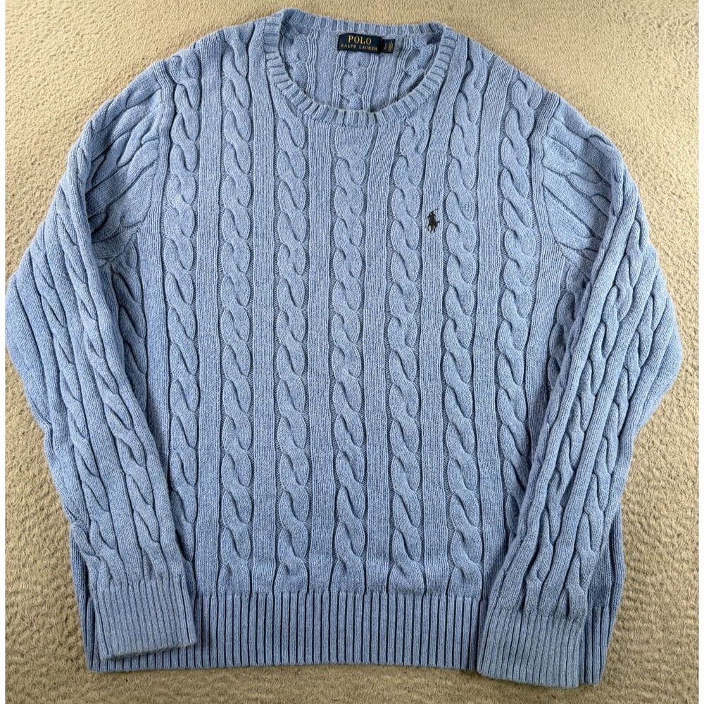 Polo Ralph Lauren Sweater Mens Large Blue Cable Knit Crew Neck Pullover Cotton